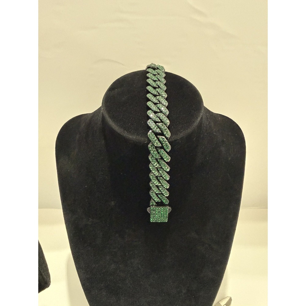 iced out green on blk cuban bracelet vvscz stones 7 inch 14mm push lock stainles